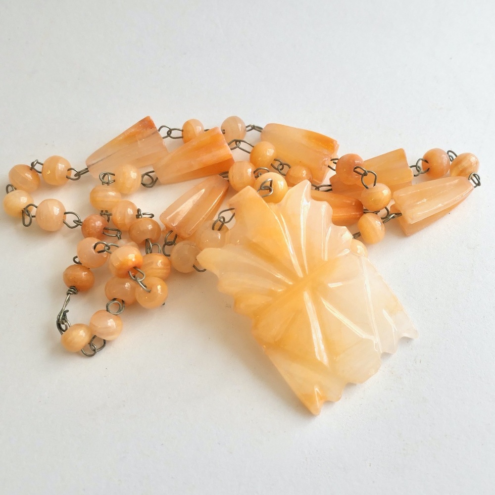 Vintage Mexican Carved Agate Necklace Pastel Orange Salmon Peach